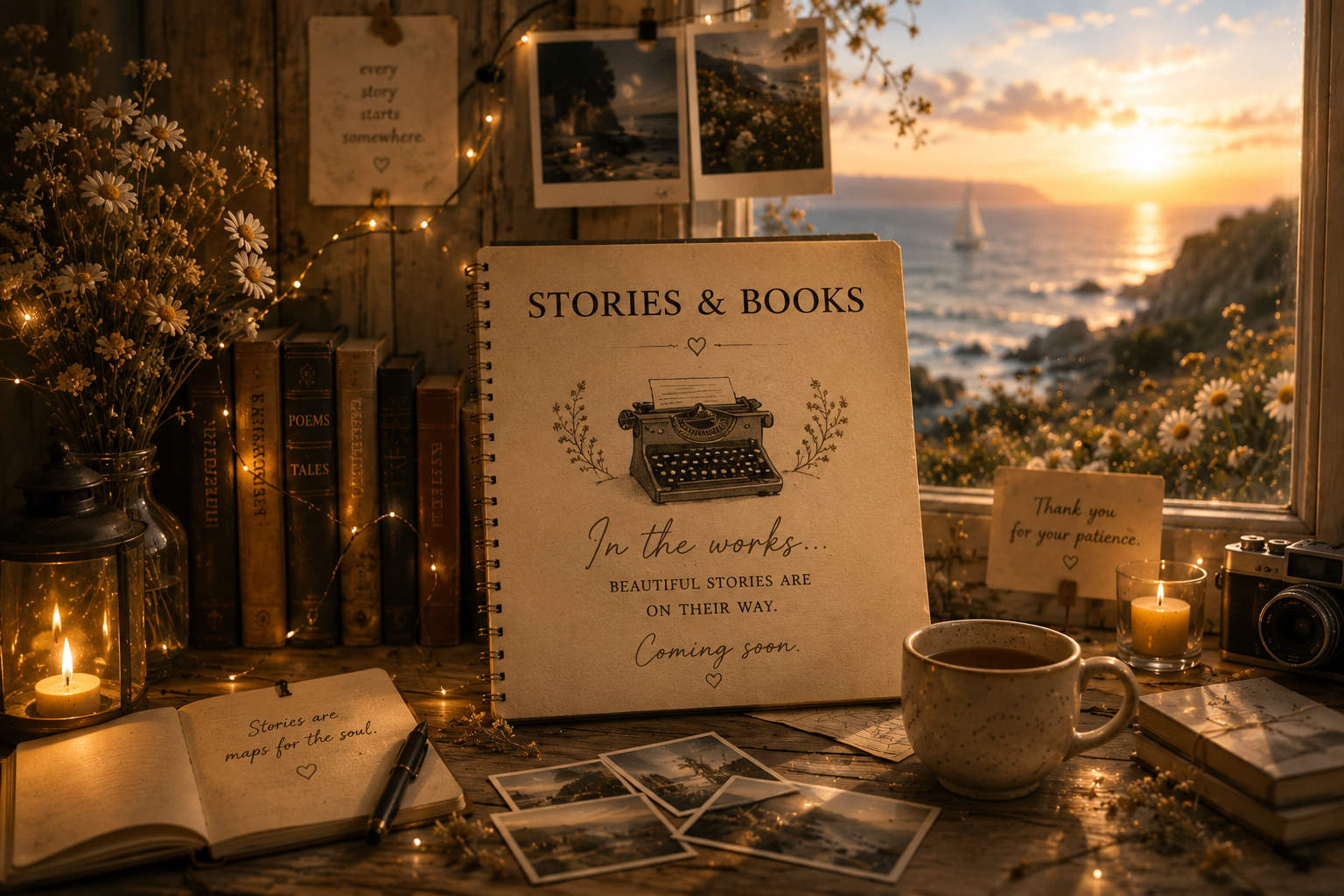 NØPLAN Stories and Books page: a bright coastal writing room with books, cards and quiet literary sections